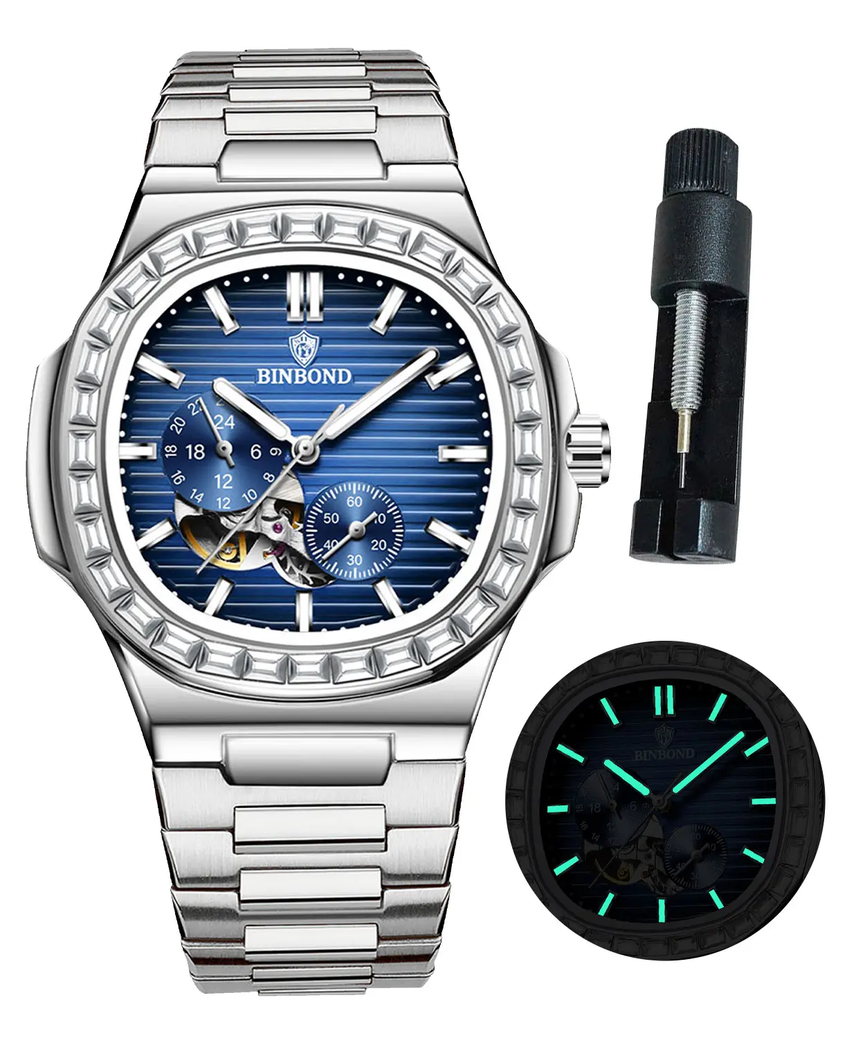 BINBOND Watch for Men Business Luxury Diamond Automatic Self Winding Stainless Steel Waterproof Luminous Men Wrist Watch G1116
