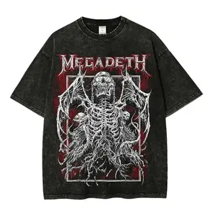 Megadeth Heavy Metal Rock Band Graphic T Shirt Vintage Washed Heavyweight Cotton Oversized Tee Skeleton Bat Demon Gothic Streetwear Acid Wash Men Women Retro Y2K Grunge Alt Dark Aesthetic Trending Summer Outfits Goth Concert Festival Gifts