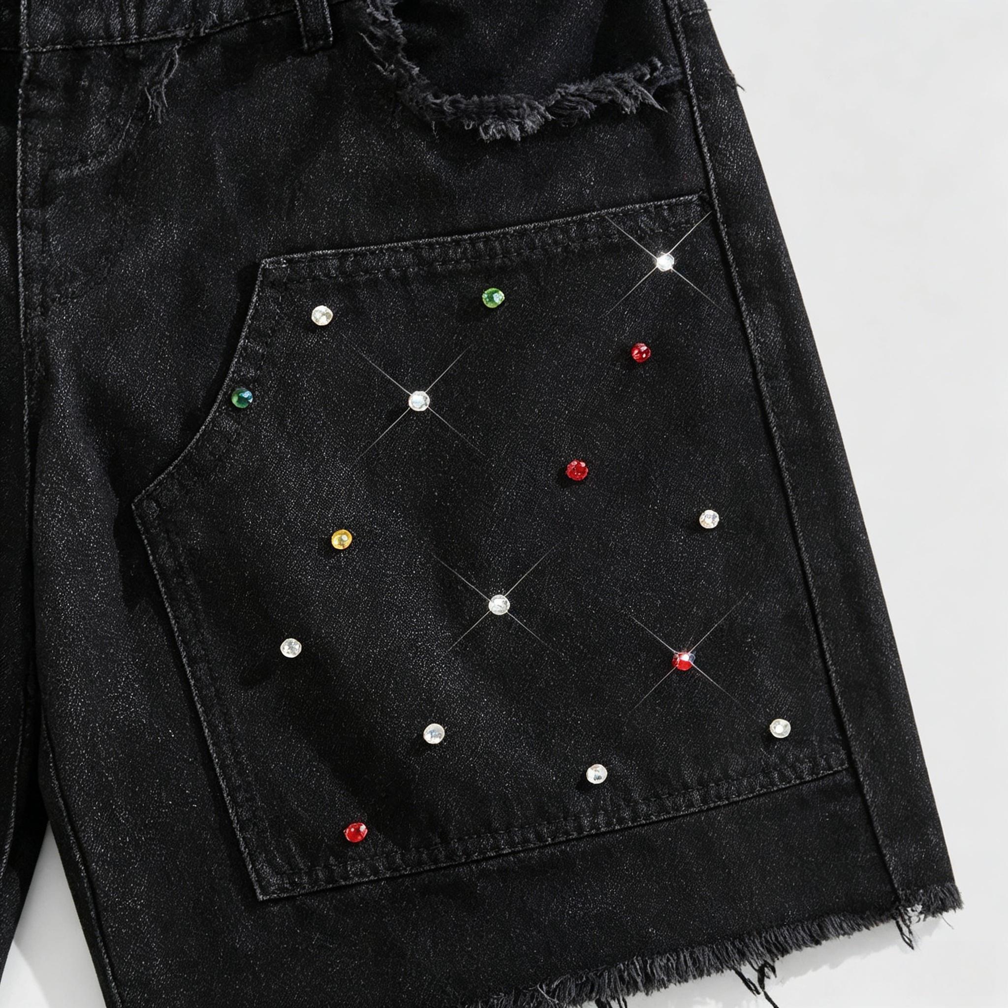 Men's Sparkling Rhinestone Casual Streetwear Shorts - Mid Waist, Loose Cut Lets You Move With Ease, Layered Denim Adds Depth and Texture, Stylish Cotton Blend Double-Layer Menswear Bottoms