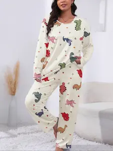 【Plus Size】 Two-Piece Set Cartoon Dinosaur Print Long Sleeve Pajama, Cute Loungewear Casual Comfy Round Neck Top & Pants PJ Set, Women's Sleepwear Loungewear for Spring & Fall