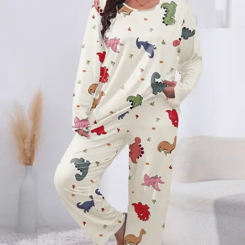 【Black Friday】[Plus Size] Two-Piece Set Cartoon Dinosaur Print Long Sleeve Pajamas, Casual Comfy Round Neck Top & Pants PJ Set, Women's Sleepwear for Spring & Fall