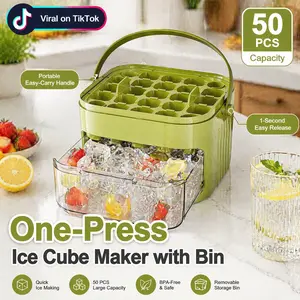 [Non-Electric] One-Press Ice Cube Tray with Bin & Scoop, Manual Ice Storage Box for Freezer, 50 PCS Max Capacity, Easy-Release Pop-Out Ice Mold with Handle