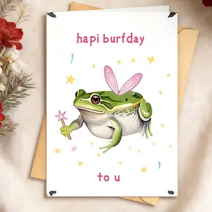 1pc Frog Rabbit Birthday Card & Envelope Set Blank Inner Page Design Birthday Wishes Surprise Gift Creative Spelling “hapi burfday to u” Playful English Blessings Green Frog Pink Rabbit Ears Magic Wand Cartoon Characters Playful Cute Theme Greeting Card