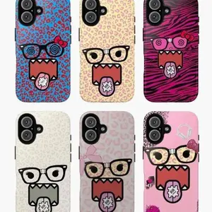 Cartoon Face Phone Case Set, Domo Phone Case spiral glasses leopard zebra bow headphones heart gear tongue pink yellow blue white vibes, baddie aesthetic gift play now, iPhone 17 16 15 14 13 12 Pro Max Plus