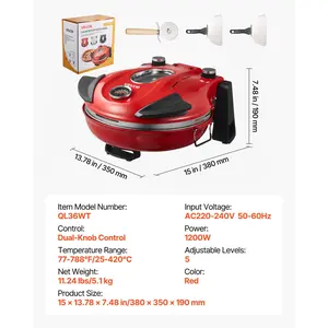 VEVOR Pizza Oven, 12 in Electric Pizza Maker, 1200W Electric Pizzas Cooker with Cordierite Stone, 5-Mode Temperature Control, Viewing Window for Precise Cooking, Heats up to 788 F, for Home (Red)