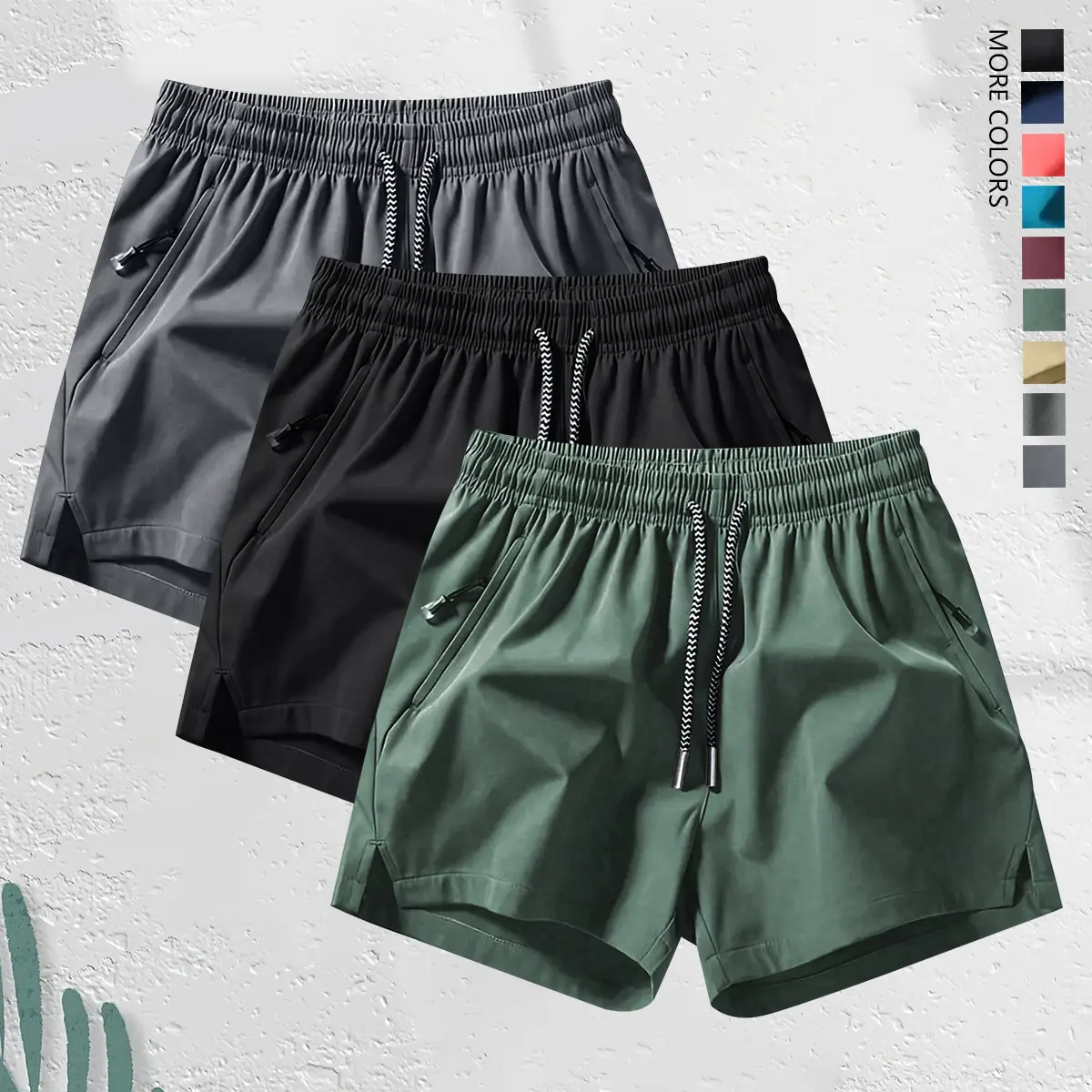 Men's 3-Pack Fitted Cut Solid Color Athletic Sports Shorts - Adjustable Drawstring Waist, Zippered Pockets, Lightweight, Ideal for Gym, Running, Gym Shorts, Athletic Fitted Men's Sports Shorts