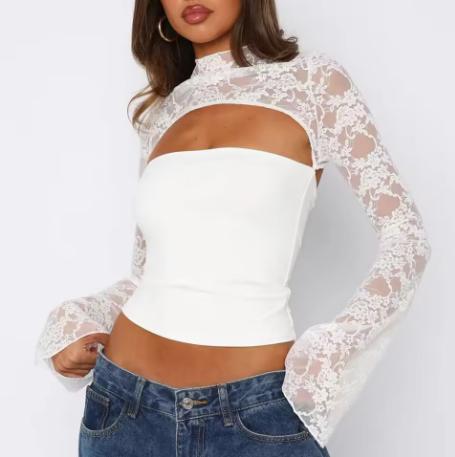 Elegant Lace Patchwork Long Sleeve Fitted Top, Sexy Hollow Out Design, Perfect for Bar Parties and Vacation, Versatile Women's Blouse