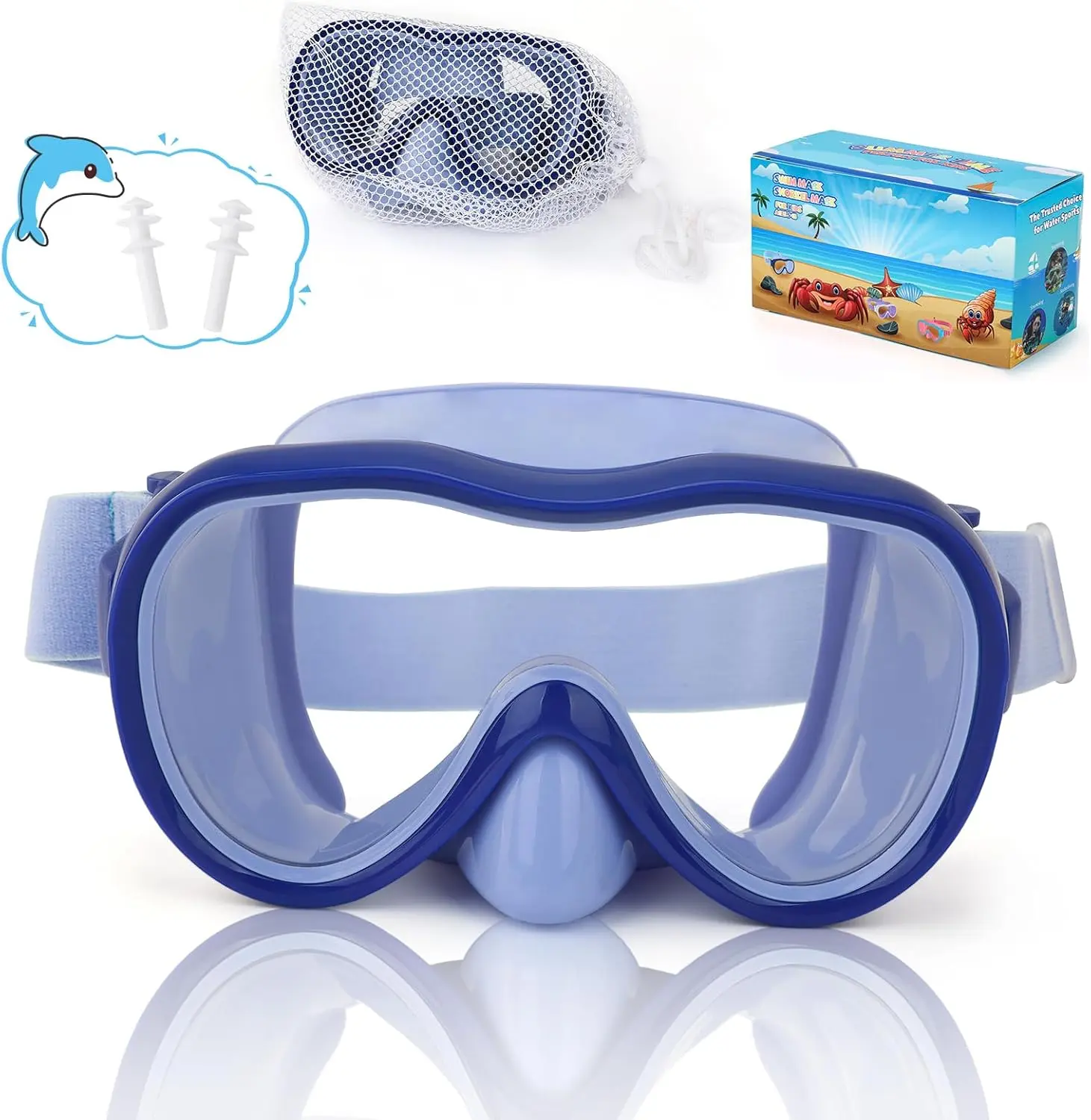 Swim Goggles, Snorkel Mask Diving Mask Swimming Goggles with Nose Cover and Wide Elastic Straps Cover with Mesh Bag & Ear Plugs