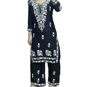 Evergreen Chikenkari Kurta with Pant in Rayon Fabric for Women's Clothes - Womenswear ( for loose fitting recommend to go one size up)