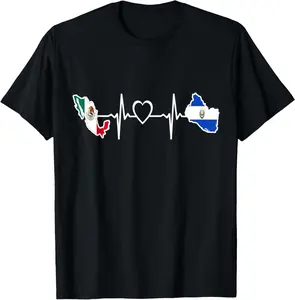 Cotton Short Sleeve Shirt Mexican Salvadorian Flag - Mexico El Salvador Heartbeat T-Shirt Summer Casual Menswear Graphic Tee, Fashion Gift, Adult Size Streetwear