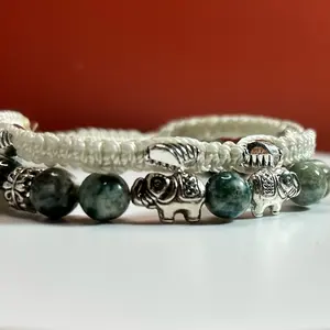 Macrame Double-Row Braided Bracelet with Tree Agate Gemstones and Decorative Elements