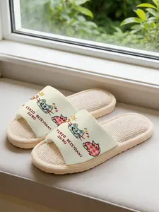 Women's Cartoon Cat Linen Slippers, Sole Plaid Print, Sweat-Wicking Breathable Non-Slip Silent, All-Season Home Footwear