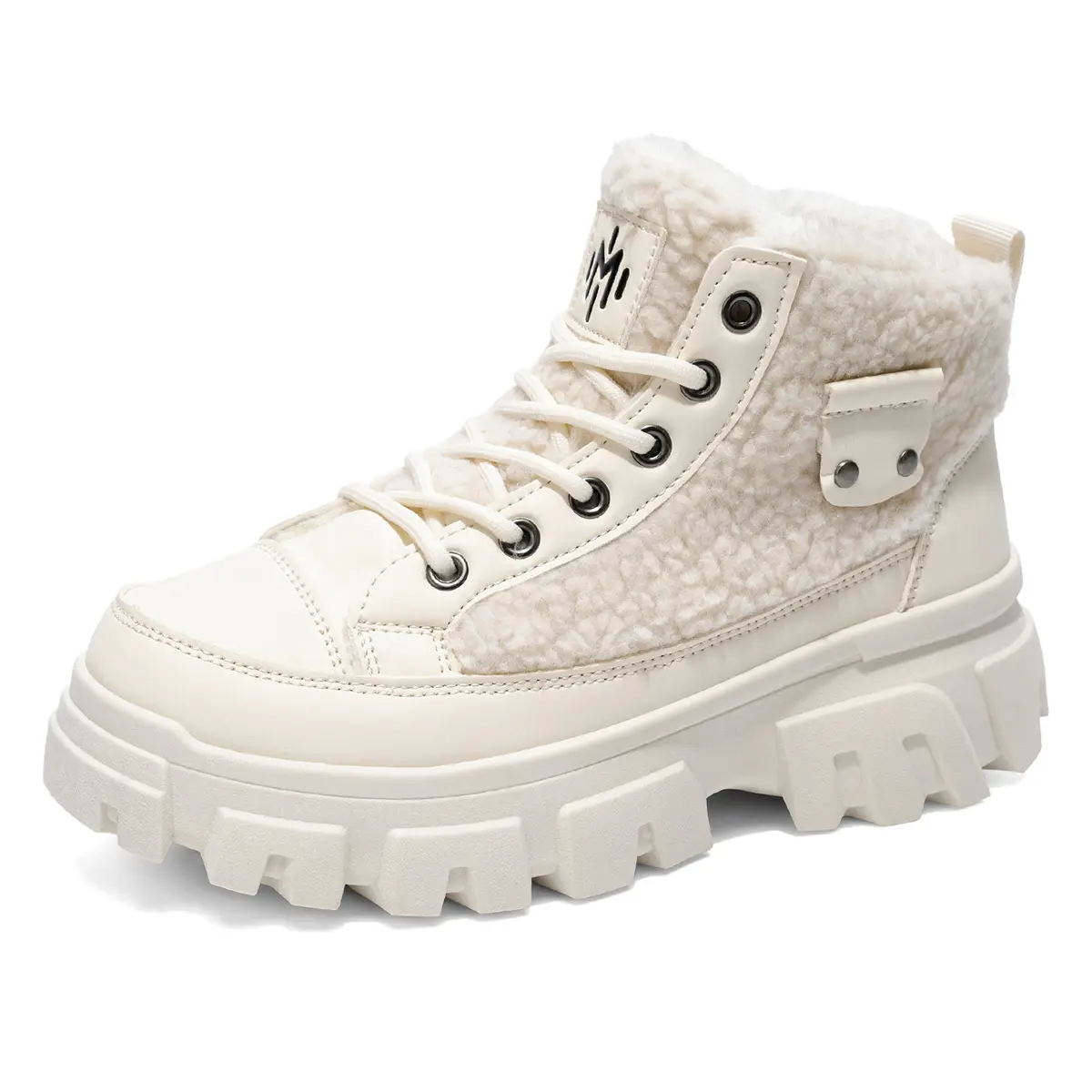 Men's Stylish Waterproof Lace-Up Winter Snow Boots, Plush Teddy-Fleece Lining, Chunky Non-Slip Soles, Paneled Design, Warm Durable Streetwear Casual Footwear, Walking Shoes, Soft, Cute, Minimalist, Retro, Laces