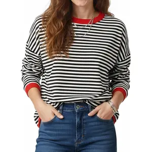 Buauty Women's Long Sleeve Crewneck Knitted Striped Sweaters Casual Color Block Drop Shoulder Pullover 2025 Trendy Tops Basic Fit Minimalist Mock Turtleneck Soft Cotton Fabric comfortable versatile top scandi sweater oversized  women monica  lewinsky  blo