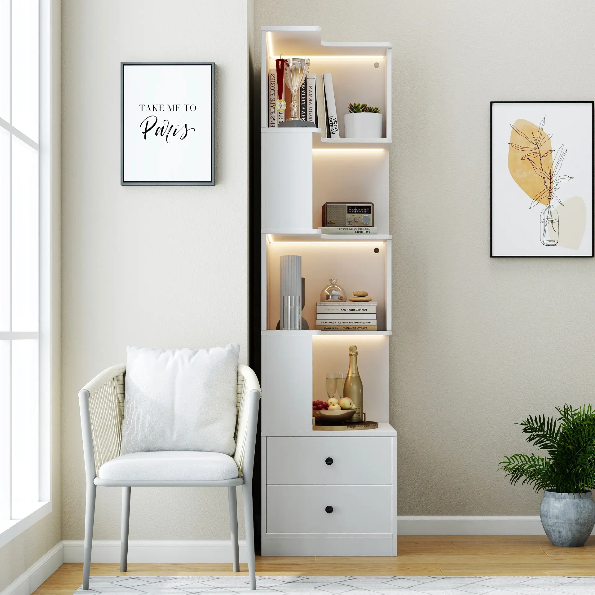 Corner Bookshelf with LED Lights, 4-Tier L-Shaped Display Shelf with Drawers & Guardrails, Freestanding Storage Cabinet for Living Room, Easy Assembly