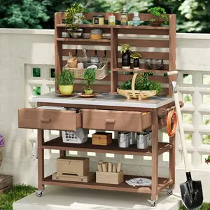 SAVEYOUR K&K 64.9"H Outdoor Potting Bench, Solid Wood Outdoor Kitchen Island with Lockable Wheels, Stainless Steel Top, Upper Hutch & Towel Rack, Outdoor Storage Cabinet for Grilling Lawn Garden - Brown