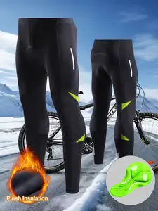 Men's Fleece Lined High Elastic Cycling Pants, 4D Silicone Gel Seat Cushion, Road Bike Mountain Bike Long Pants, Fall Winter