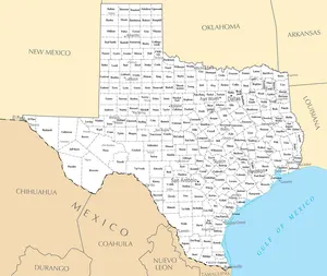Map of Texas TX - County Map with selected Cities and Towns - Peel and Stick Wall Decal