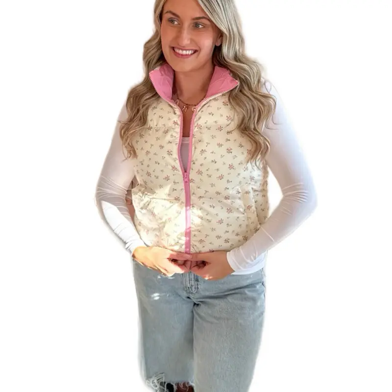Pink Floral Puffer Vest