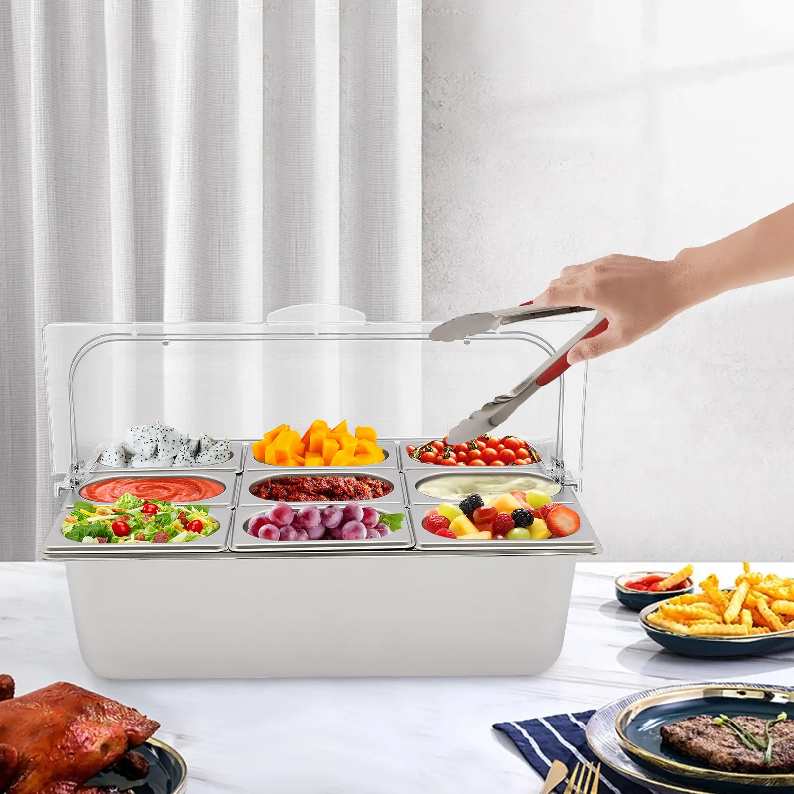 9-Compartment Rectangular Stainless Steel Cordless Chilled Serving Tray with Ice Bags & 9 Spoons - Easy-to-Clean Kitchen Food Storage Snack Organizer Box, Portable Home Supplies for Casual Outdoor Picnic Use