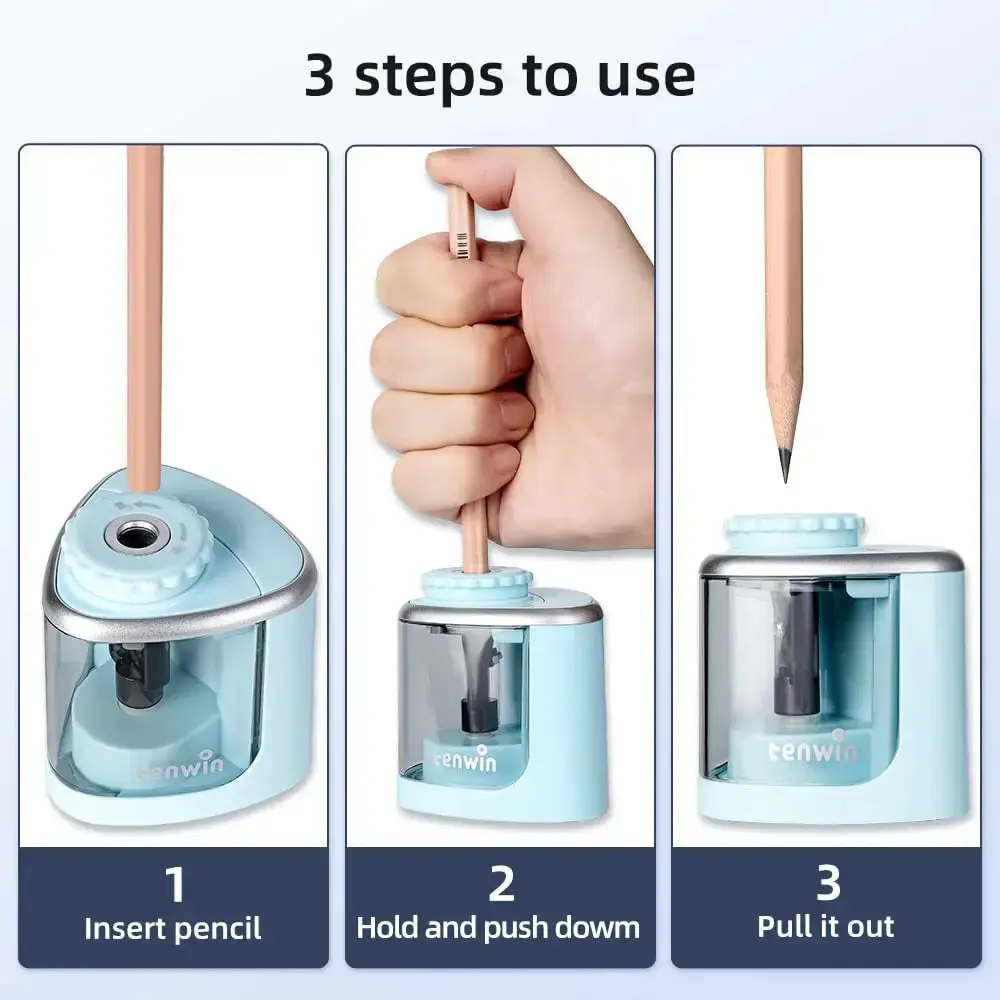 Tenwin Electric Auto Pencil Sharpener – Safe Helical Steel Blade Sharpener for Students, Artists & Kids (6–8mm Pencils)