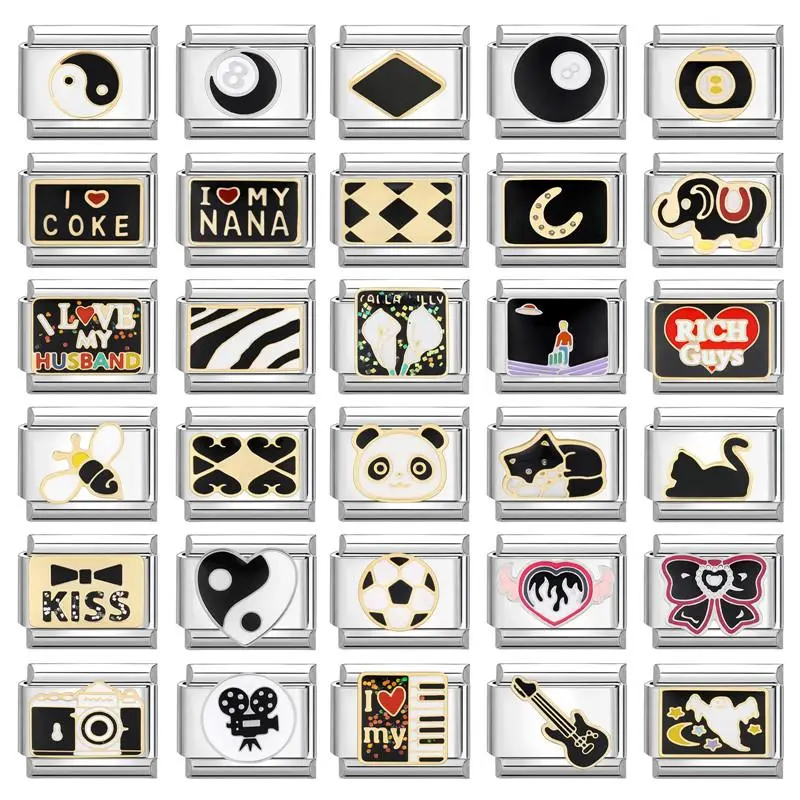 New Fashion Black Heart Cat Moon Piano Camera Italian Charm Links Fit 9mm Stainless Steel Bracelet Making Diy Jewelry