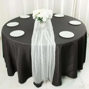 Sheer Tulle 48"x120" Table Runner White Pearl Embellished - Stylish Wedding & Event Table Linen