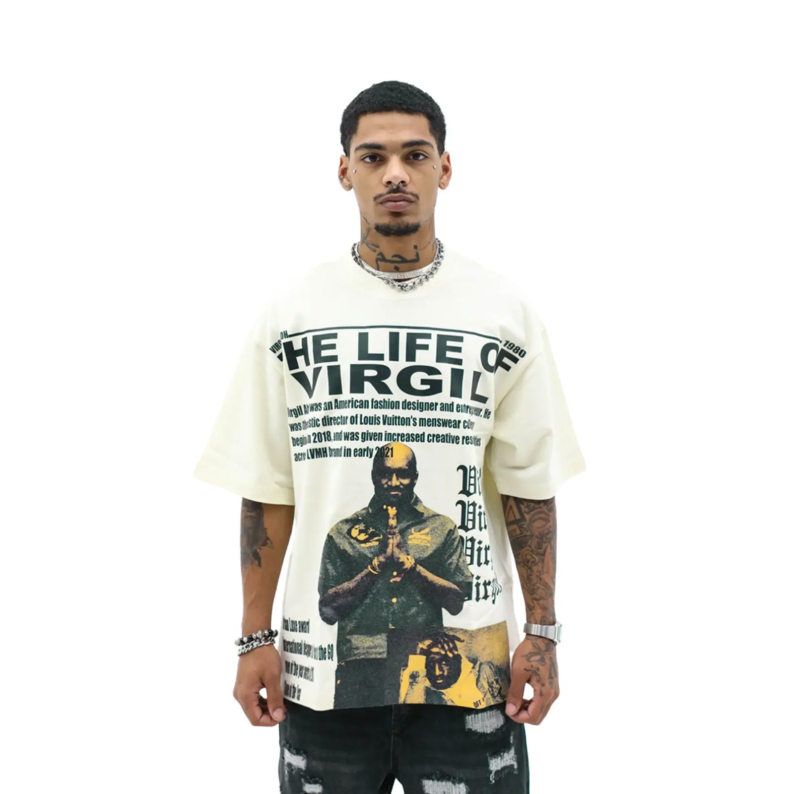 Virgil 2 Oversized Graphic Tee - Yellow, Black & White Print, Featuring "THE LIFE OF VIRGIL" Text, Handmade Style, Versatile Menswear