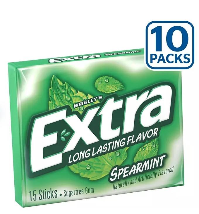 Spearmint Extra Sugar Free Chewing Gum Bulk Pack 15 pcs., 10 Pack Snack Bubblegum Natural Artificial Chewy