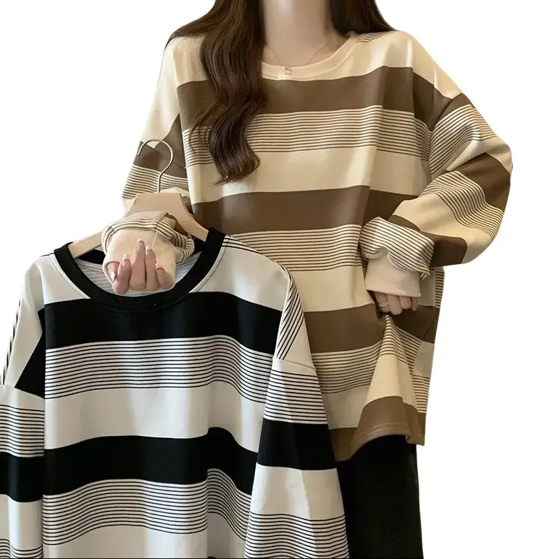 Women's 2024 Early Spring Retro Horizontal Stripes Long Sleeve Thin Base Shirt - Loose Fit, Slimming Cut, Plus-Size Friendly Top Womenswear