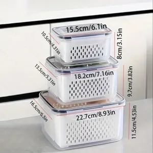 Drain Basket Storage Box Set, Three-Piece Organizer, Sealed Freshness Container, Kitchen Utensil Holder, Space-Saving Design, Vegetable Basket