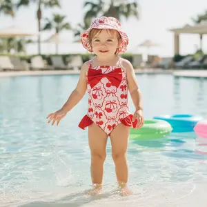 Toddler Baby Girl Swimsuit Set Flower Bow Spaghetti Strap Bathing Suit with Hat 2 Piece Set for Beach Pool