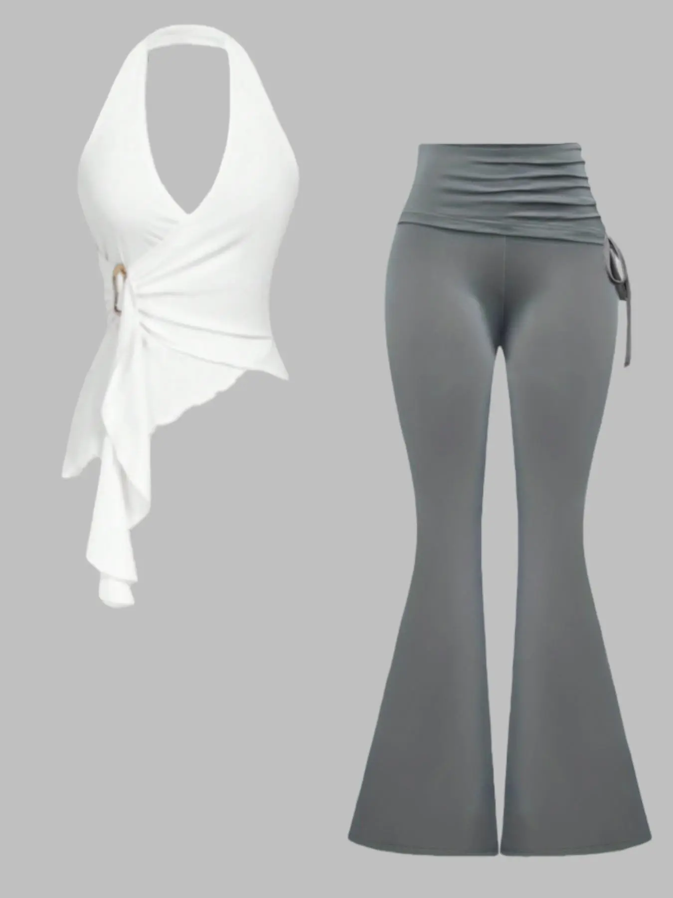Spring Autumn Pure Desire Chic Asymmetrical Halter Top, Irregular Hem Design, Foldover Slim Fit Flared Long Pants Set, Two-Piece Outfit for Women Snatched Pant Set