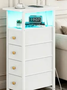 LED Lit Slim Nightstand with Built-In Charging Station – Space-Saving Bedroom Slim Side Storage Cabinet, Compact Drawer Chest, Tall Narrow End Table Ideal for Small Living Areas, White Finish