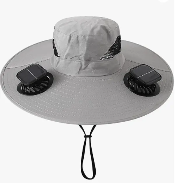 Dual Solar Fan Sun Hat Wide Brim Cooling Bucket Hat with 2 Built-in Fans Breathable Mesh Portable Wearable Cooling Gear for Summer Outdoor Fishing Hiking Safari Men Women UPF Protection