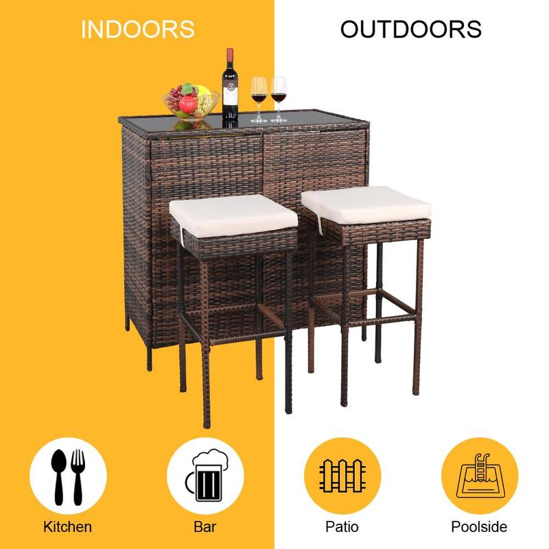 Ubesgoo 2-Person Outdoor Furniture Set, Two Rattan Bar Stools with Cushions and Bar Table Ubesgoo 2-Person Outdoor Furniture Set, Two Rattan Bar Stools with Cushions and Bar Table