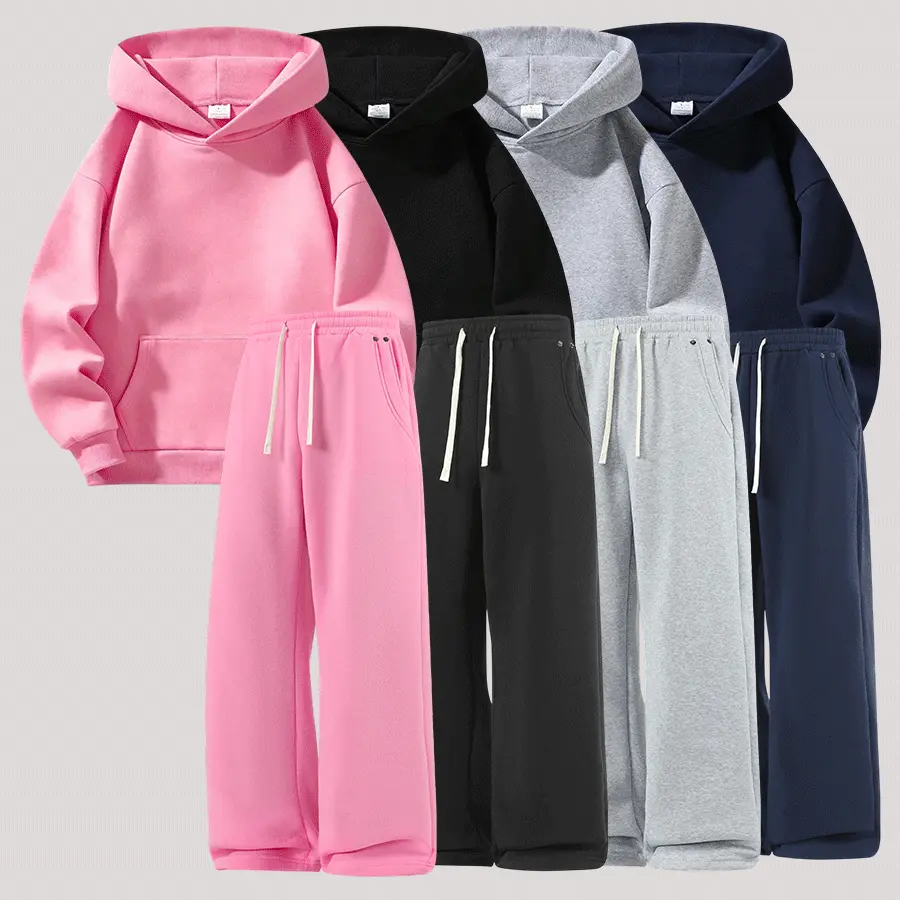 Effortlessly create everyday looks with this solid color sweatshirt and wide leg pants set featuring a drop shoulder sweatshirt with kangaroo pocket, wide leg pants with studded side pockets, drawstring waist design, polyester fabric, perfect for city wal