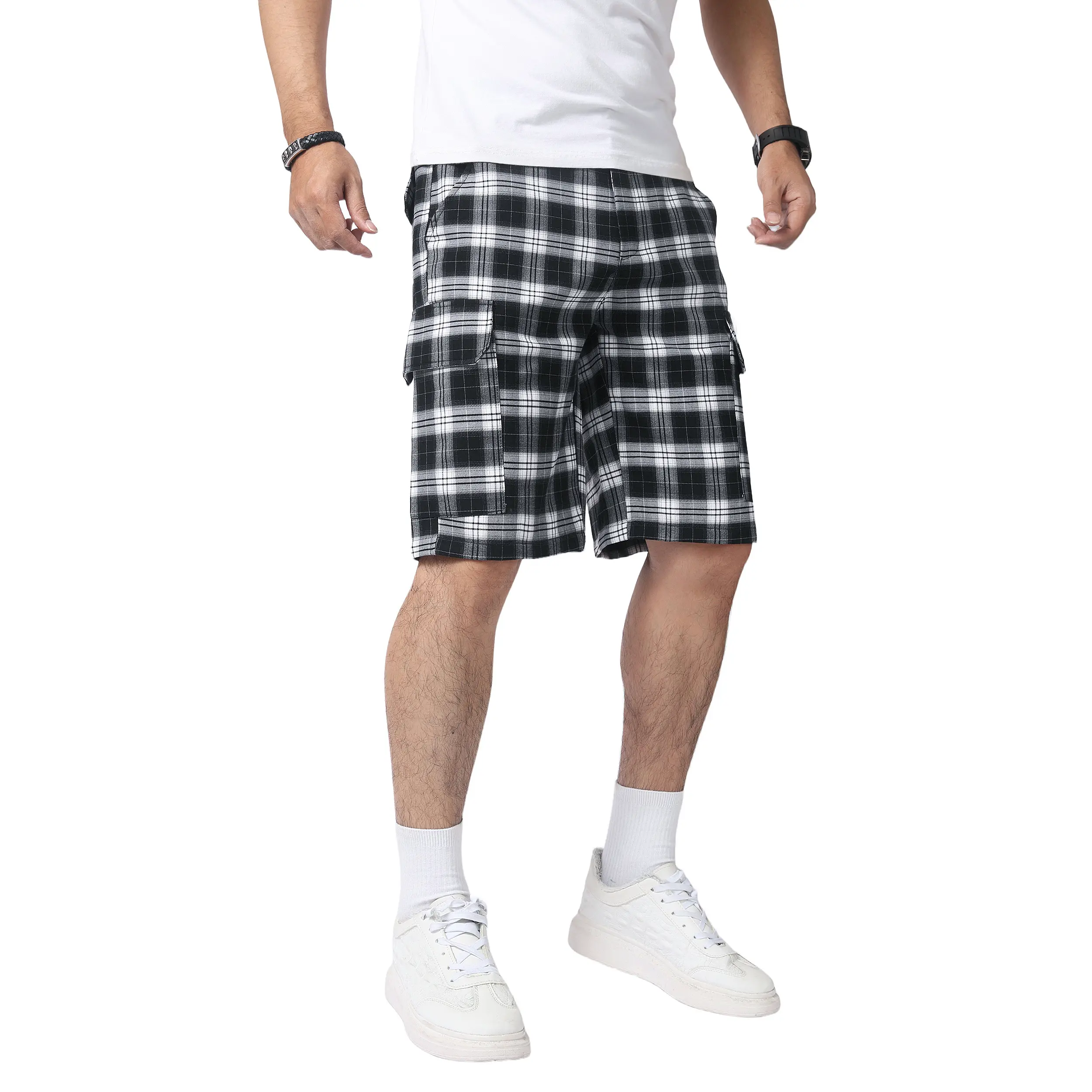 JUNBAOSS Plaid Men's Cargo Shorts - Soft Elastic Cotton, Relaxed Fit, Multi-Pocket, Breathable, Black and White Checked, Summer Outdoor Chinos Shorts, Plaid Men's Shorts 2026 fashion