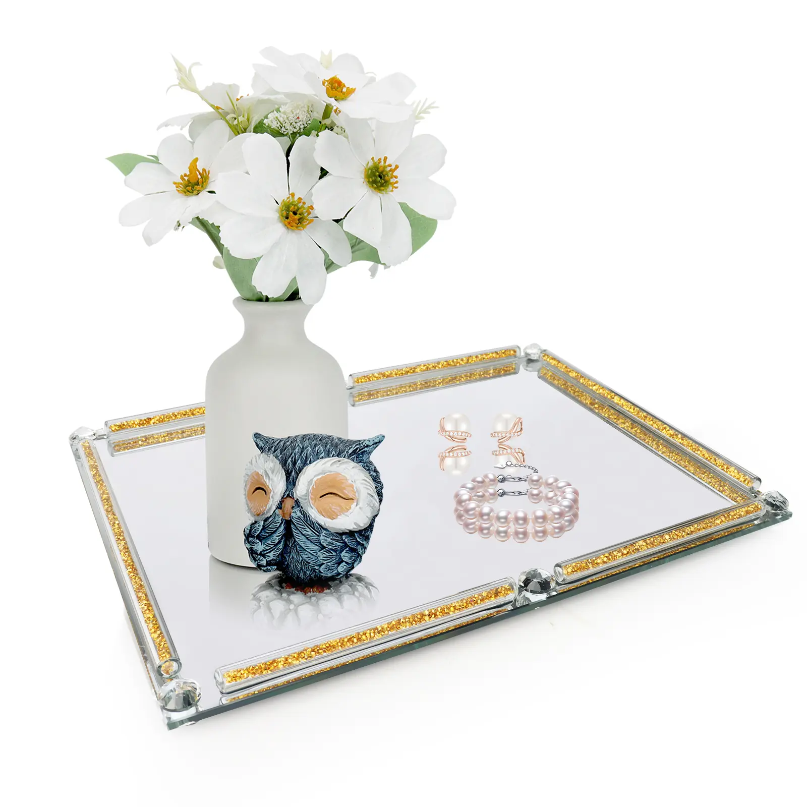 Modern Large Gold Diamond-Encrusted Glass Perfume Vanity Tray - Display Cosmetic Organiser for Dresser, Bathroom (15.7x11.8x1.4 in) | Gold Cosmetic Organiser Ideal Home Supplies Gift, Display Cosmetic Organisers, Diamond-Encrusted Cosmetic Organisers