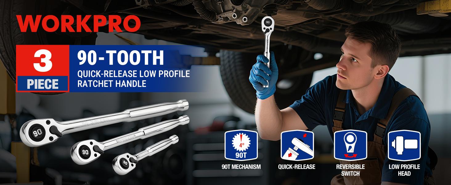 WORKPRO Low-Profile Drive Ratchet Set - 1/4", 3/8", 1/2" Sizes, 90-Tooth Quick-Release, Reversible, 4° Swing, CR-MO Steel Compact Head, Polished Finish, for DIY Maintenance, Tight Spaces, Tool Enthusiasts