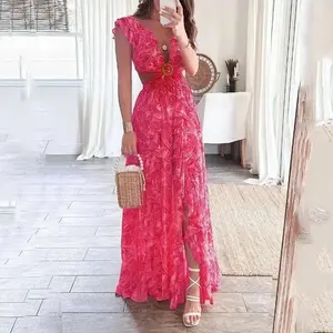 Women Deep V Ncek Split Long Dress Summer Irregular Floral Print Maxi Dresses Hollowed Out Backless Holiday Beach Dresses Formal Polyester