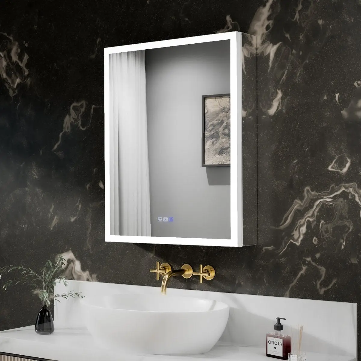 24 x 30 Chrome Frame Medicine Cabinet with LED Lights, Anti-Fog, Dimmable & Adjustable Shelves, Aluminum Frame, Recessed/Surface Mount