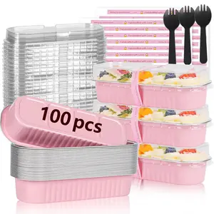 100 Pack Mini Loaf Pans with Lids and Spoons Sealing Sticker, Mini Cake Pans for Baking, Disposable Aluminum Foil Loaf Containers, Baking Containers, Small Cake Boxes With Lids