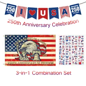 250th Anniversary Patriotic Party Decorations Kit – 1 Flags + 1 Bunting Banner + USA Temporary Tattoos, Complete 4th of July 2026 Supplies for Home, Backyard Celebration