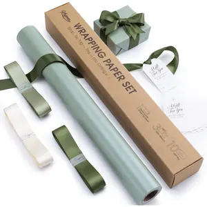 Sage Green Wrapping Paper Roll 17" x 33 Ft with  Lines,  Wrap Set with Ribbon & Tags for Christmas, Birthday, Wedding,  Shower, Bridal Shower, Spring