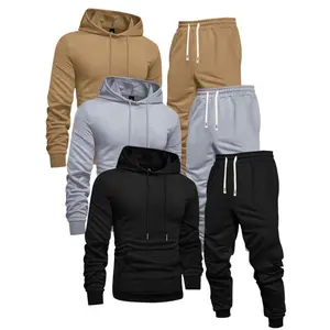 3-Pack Men'S Casual Sports Hoodie And Sweatpants Tracksuit Set, Solid Color, Long Sleeve Pullover with Pocket, Knit Polyester, Slight Stretch, Regular Fit, Elastic Waist with Drawstring, Ribbed Cuff Pants - Spring/Fall Athletic Outfit