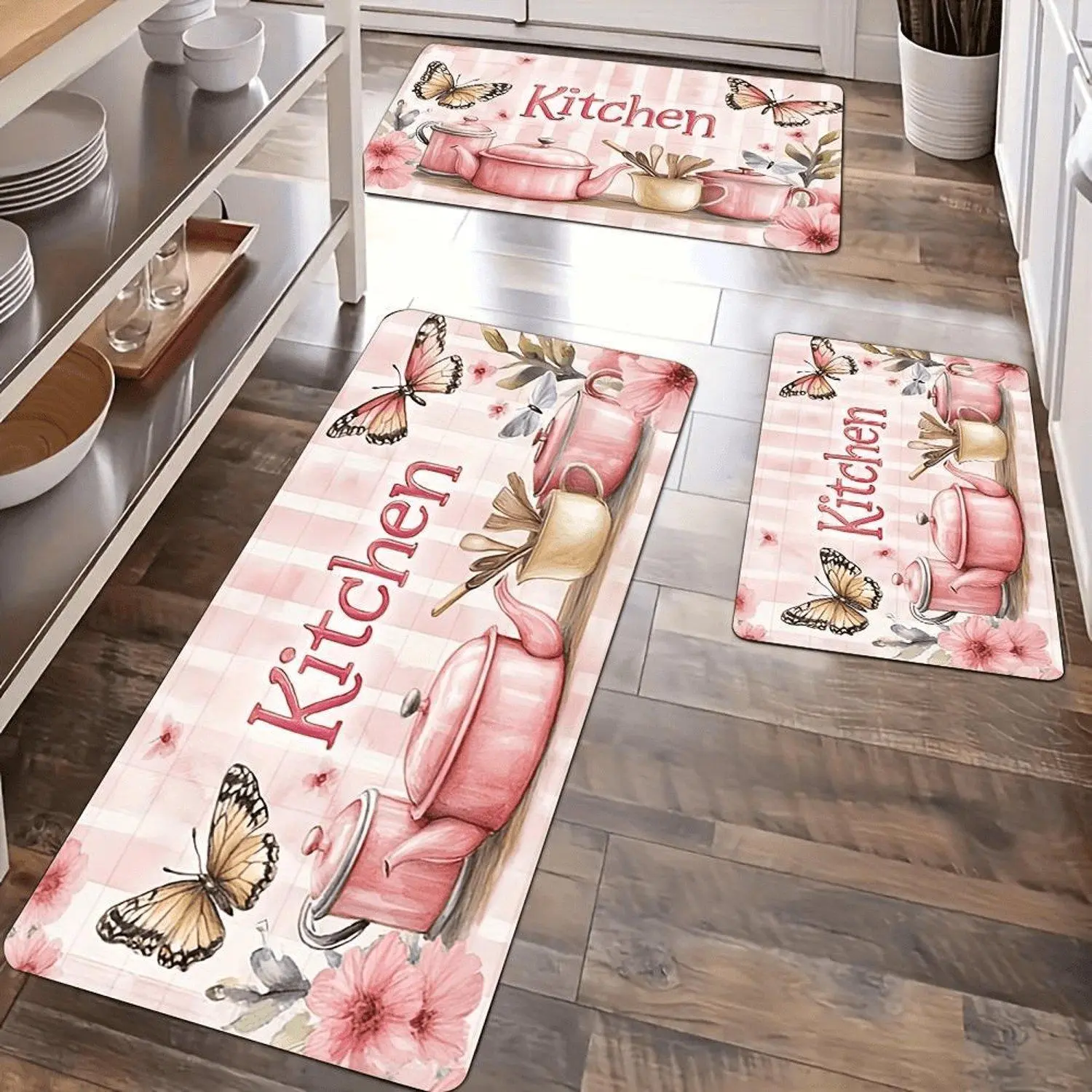 1pc Pink Kitchen Decor Pattern Floor Mat, Butterfly And Flower Print, Washable Rectangular Polyester Mat, Suitable for Home Kitchen Floor, Dining Area