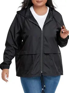 Women's Plus Size Oxford Long Sleeve Lightweight Casual Jacket, Loose Fit, Adjustable Hem, Hooded, Waterproof, Windproof, Practical Pockets