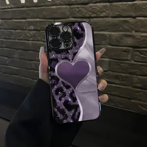 PurpleHeartLeopardPrint Pattern Camera Lens Protective Case for iPhone 17 Pro Max 17 Air  Case 15/16 Pro Max Case 14 13 12 11 XR XS Plus Fashion Shockproof Drop-proof Silicone Clear Acrylic Phone Protective Case, Mobile Phone Accessories