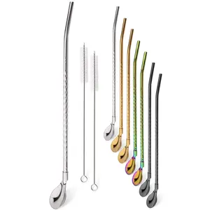 8 Stainless Steel Long Metal Drinking Straw Spoons, Includes 2 Cleaning Brushes, Tea Coffee Bar Kitchen Party Drinkware Accessories